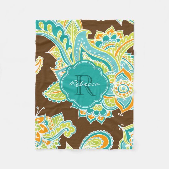 Cobertor De Velo Brown and Teal Boho Paisley Monogrammed (Frente)