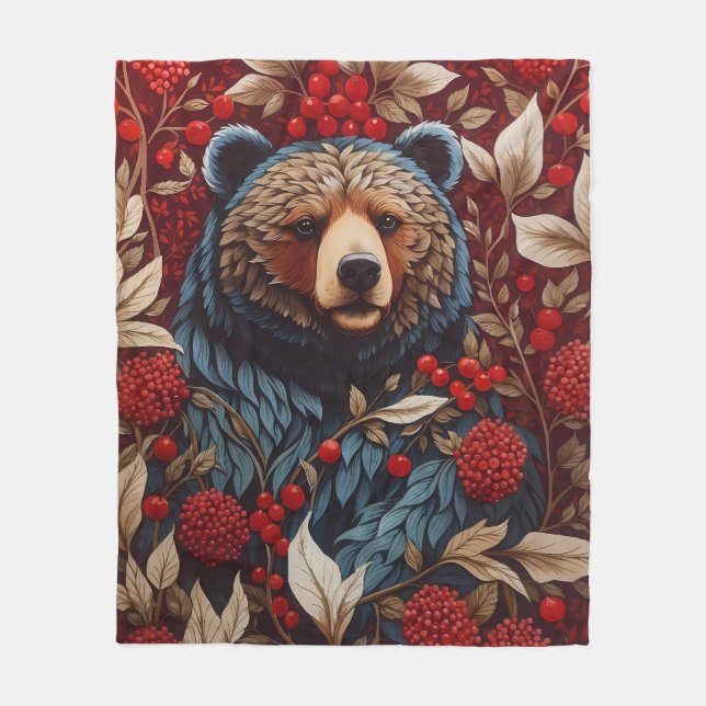Cobertor De Velo Brown Bear Red Berries William Morris Inspirou (Frente)