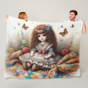 Cobertor De Velo Brunette Curly Haired Doll em Quilt
