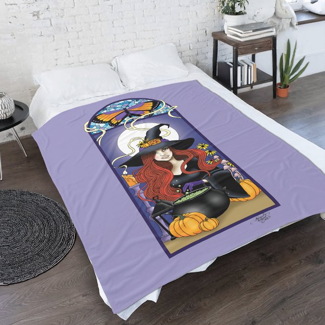 Cobertor De Velo Bruxa de Outono Art Nouveau Abóboras Lua Roxa (Criador carregado)