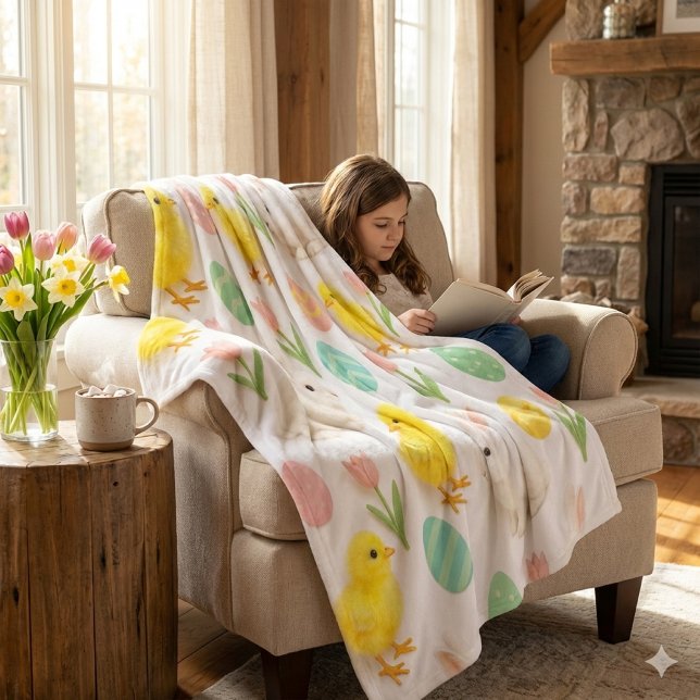 Cobertor De Velo Bunnies and Chicks Pattern (Cozy moments are enhanced by reading a book by the fire and using a warm, springtime fleece blanket)