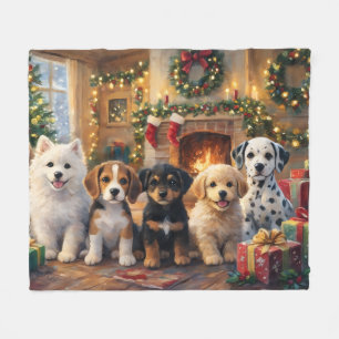 Cobertor De Velo Cachorrinhos de Natal junto à Lareira e Árvore Dec