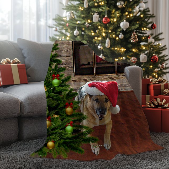 Cobertor De Velo Cachorro German shepherd Santa Hat pela Árvore de  (Santa Hat German Shepherd Dog by Christmas Tree Fleece Blanket)