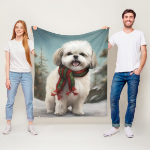 Cobertor De Velo Cachorro Malti Tzu na Neve Natal