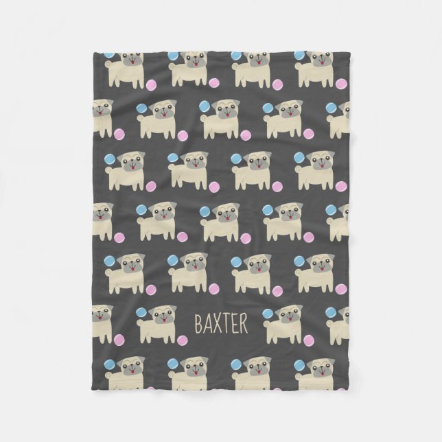 Cobertor De Velo Cachorro Personalizado de Cute Pug e Bolas (Frente)