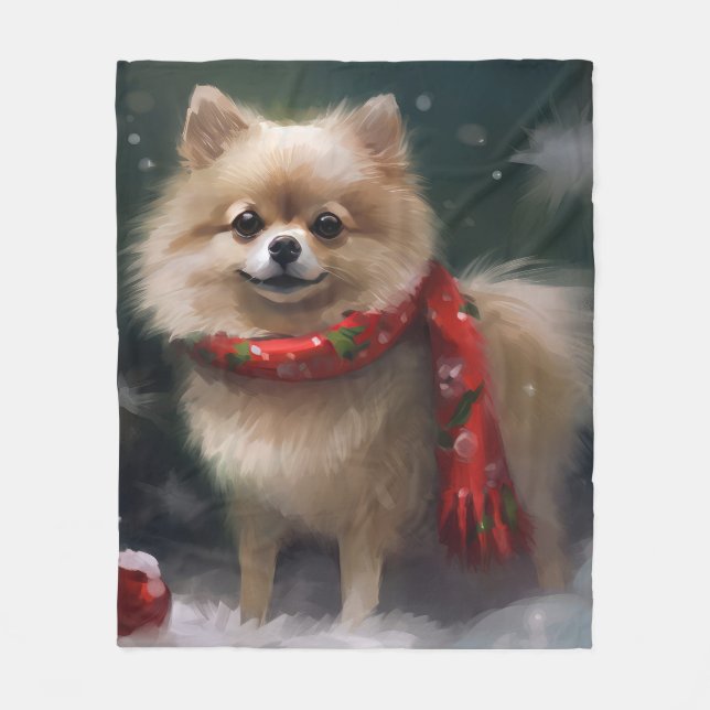 Cobertor De Velo Cachorro Pomerânia na Neve Natal (Frente)