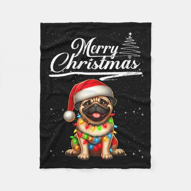 Cobertor De Velo Cachorro Pug Engraçado Luzes de Natal Chapéu de Pa (Frente)
