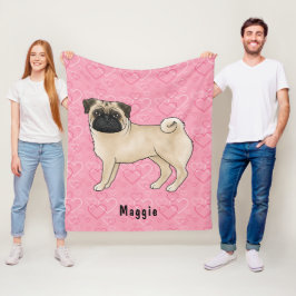 Cobertor De Velo Cachorro Pug Fawn Fofo com Rostos e Corações Rosa 