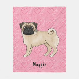 Cobertor De Velo Cachorro Pug Fawn Fofo com Rostos e Corações Rosa 