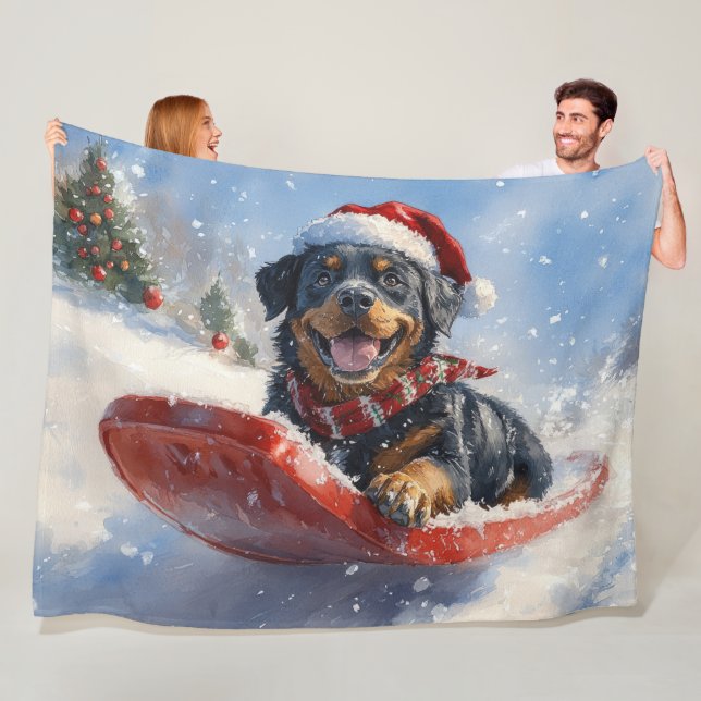 Cobertor De Velo Cachorro Rottweiler em Trenó Deixe Nevar Natal (In Situ)