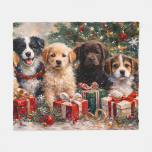 Cobertor De Velo Cachorros de Natal com Presentes sob a Árvore Deco