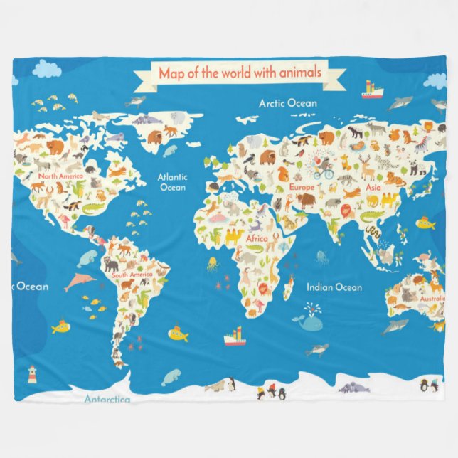 Cobertor De Velo Caçoa o mapa do mundo com animais (Frente (Horizontal))