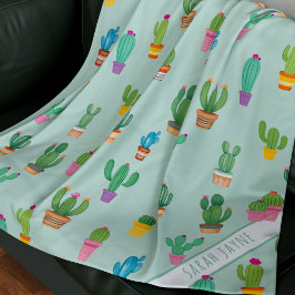 Cobertor De Velo Cactus Pattern Plant Mãe Name Green Fleece Blanket