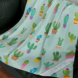 Cobertor De Velo Cactus Pattern Plant Mãe Name Green Fleece Blanket