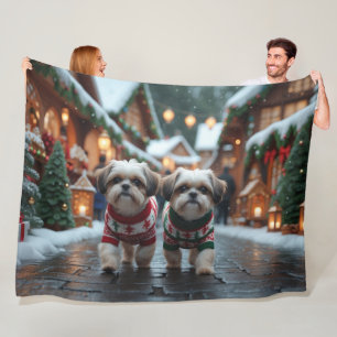 Cobertor De Velo Cães Shih Tzu Natal Neve Feriado