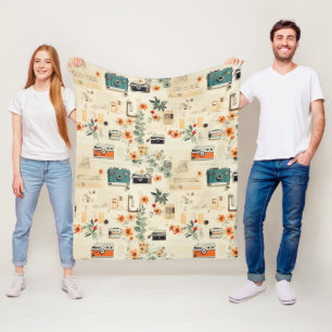 Cobertor De Velo Câmera Vintage Rádio Floral Azul Turquesa Laranja