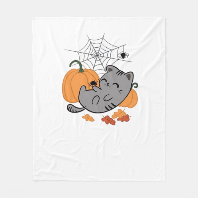 Cobertor De Velo Camiseta Clássica Halloween Kitty e Aranhas (Frente)