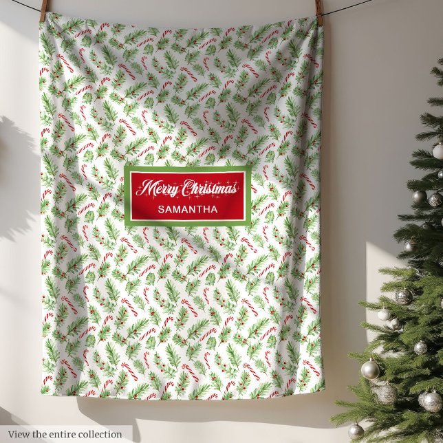 Cobertor De Velo Canas canas de natal de aquarela personalizadas (Watercolor Christmas candy canes personalized Fleece Blanket )