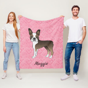 Cobertor De Velo Cão Boston Terrier Brindle em Corações Rosa e Nome