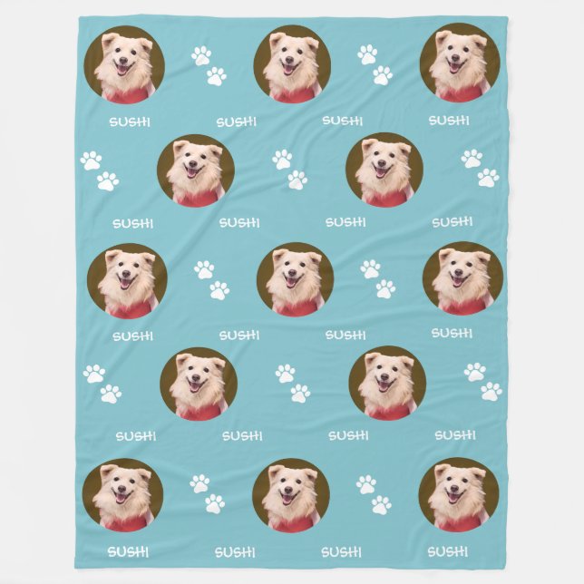 Cobertor De Velo Cão Foto: Pet Name Paws Teal Blue Fleece Blanket (Frente)
