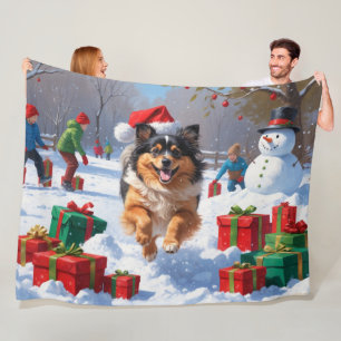 Cobertor De Velo Cão Keeshond Correndo na Neve com Chapéu de Natal