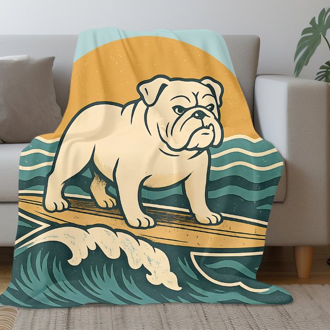 Cobertor De Velo Cão Surfista Retro Azul Arte de Bulldogue Surfando (Criador carregado)