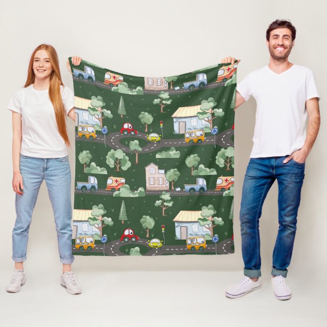 Cobertor De Velo Carros bonitos na cidade padrão para meninos verde (In Situ)