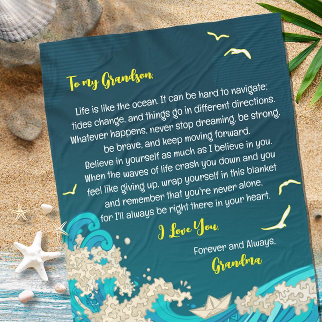 Cobertor De Velo Carta ao meu filho ou neto Mar do Oceano Náutico (Nautical Ocean Beach Theme Fleece Blanket Gift for Son or Grandson Paper Boat Sea and Birds in Blue )