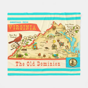 Cobertor De Velo Cartão postal vintage do mapa da Virgínia