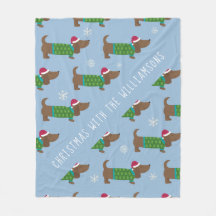 Cartoon Daschund Christmas Scense Fleece Blanket
