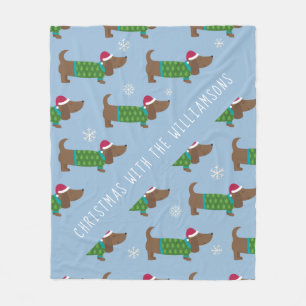 Cobertor De Velo Cartoon Daschund Christmas Scense Fleece Blanket