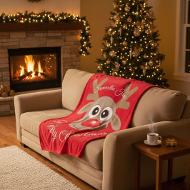 Cobertor De Velo Cartoon de Reindeer de Natal Chamado Script Vermel