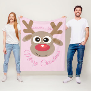 Cobertor De Velo Cartoon de Reindeer de Natal Nome Girly Pink