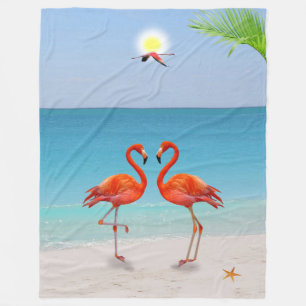 Cobertor De Velo Casal de Flamingo Vermelho e Folha de Palmeira na