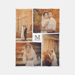 Cobertor De Velo Casamento de Colagem de Fotos em Monograma Branco