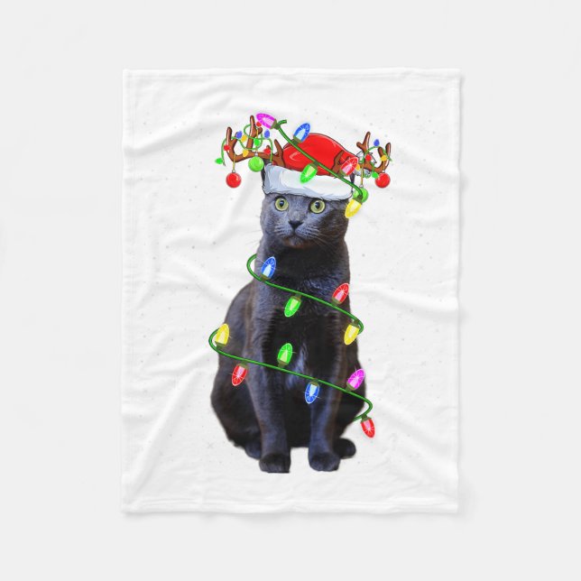 Cobertor De Velo Cat Lover Xmas Lighting Santa Russian Blue Cat Chr (Frente)