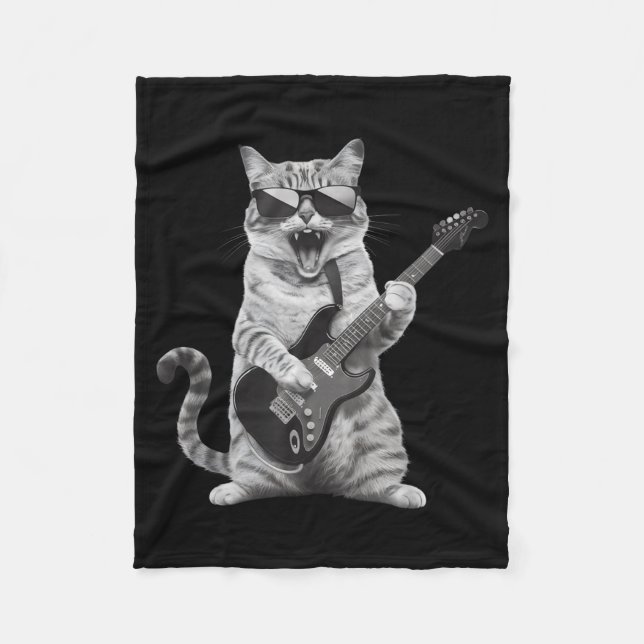 Cobertor De Velo Cat Playing Guitar Rock Star Rock And Roll Men Wom (Frente)