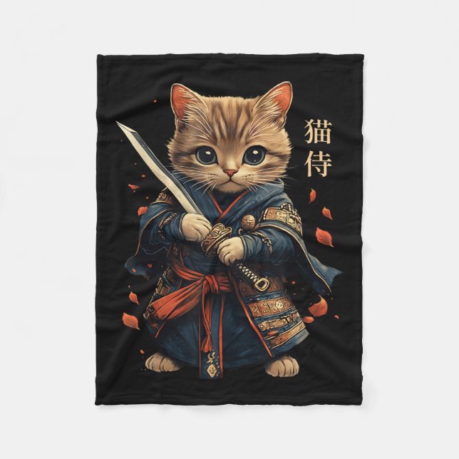 Cobertor De Velo Cat Warrior Japonês Samurai Cat Tattoo Kawaii Nin (Frente)