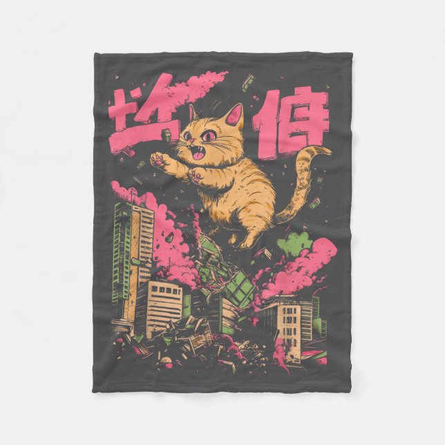 Cobertor De Velo Catzilla Funny Giant Cat Monster Kaiju Japanese Ka (Frente)