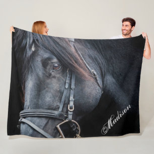 Cobertor De Velo Cavalo Negro Adiciona Nome Fleece Blanket