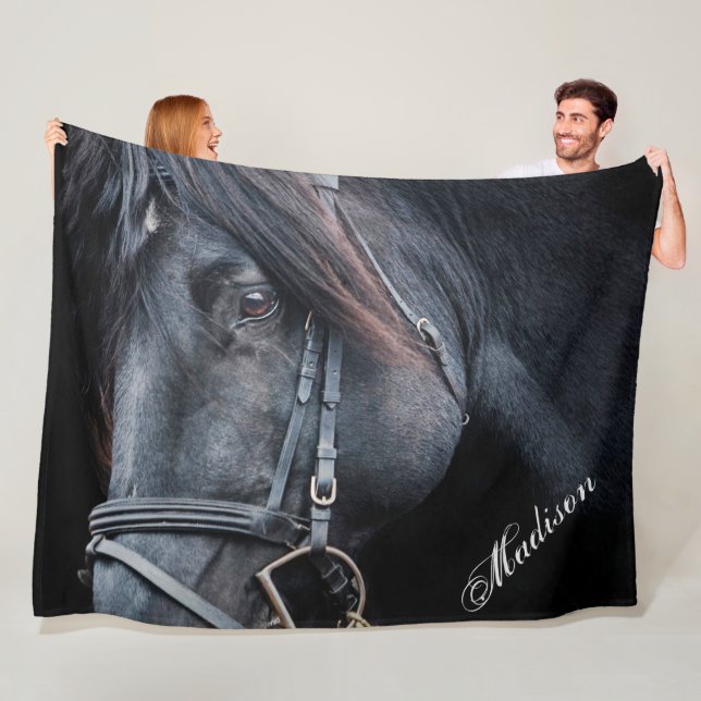 Cobertor De Velo Cavalo Negro Adiciona Nome Fleece Blanket (In Situ)