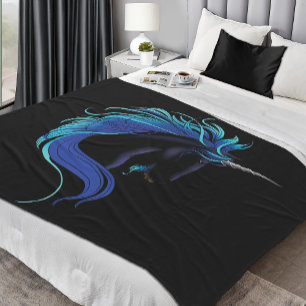 Cobertor De Velo Cavalo Preto Elegante Unicórnio Azul Prata Fantasi