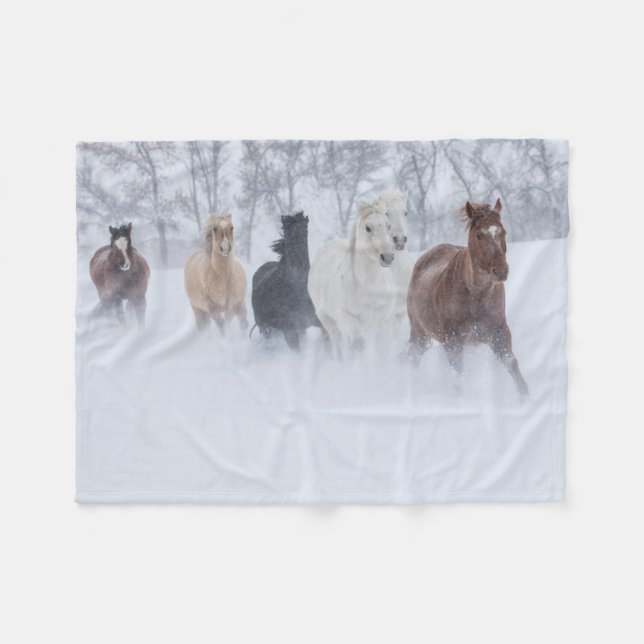 Cobertor De Velo Cavalos Correndo Através da Neve (Frente (Horizontal))