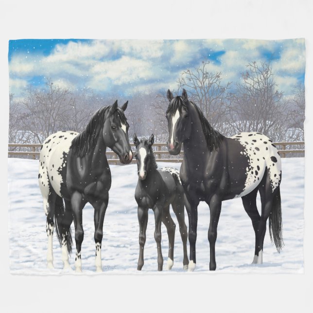 Cobertor De Velo Cavalos de Appaloosa Pretos Na Neve (Frente (Horizontal))