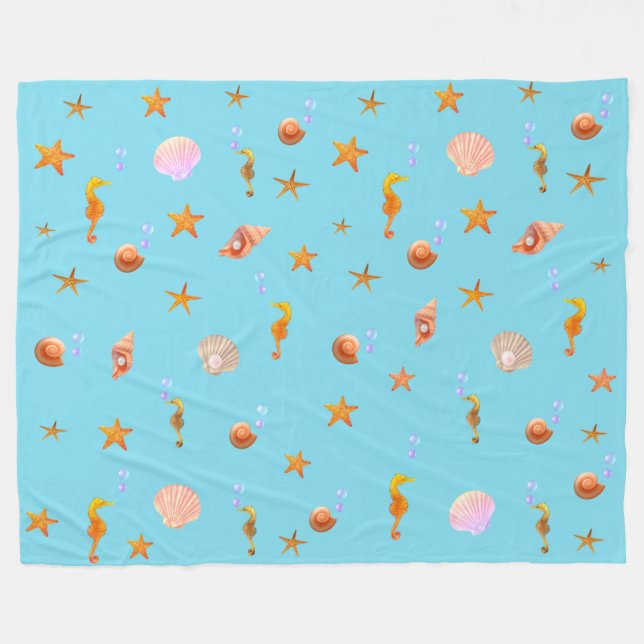 Cobertor De Velo Cavalos-marinhos, conchas e estrelas marinhas em t (Frente (Horizontal))