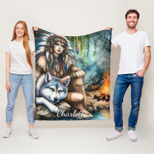 Cobertor De Velo Cena de tranquilo: Nativo e lobo por água