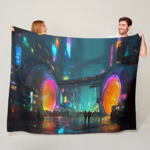 Cobertor De Velo Cenário Urbano Cyberpunk Vibrante com Arcos
