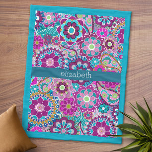 Cobertor De Velo Cerceta e teste padrão floral do rosa com nome