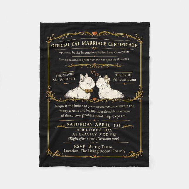 Cobertor De Velo Certificado de Casamento de Gato Engraçado Item Ca (Frente)