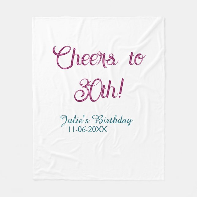 Cobertor De Velo Cheers to 30th birthday name date mauve blue elega (Frente)